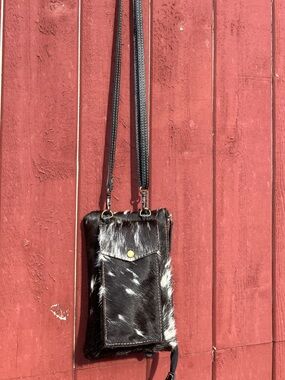 Black and White Cowhide Crossbody Phone Bag With Genuine Leather